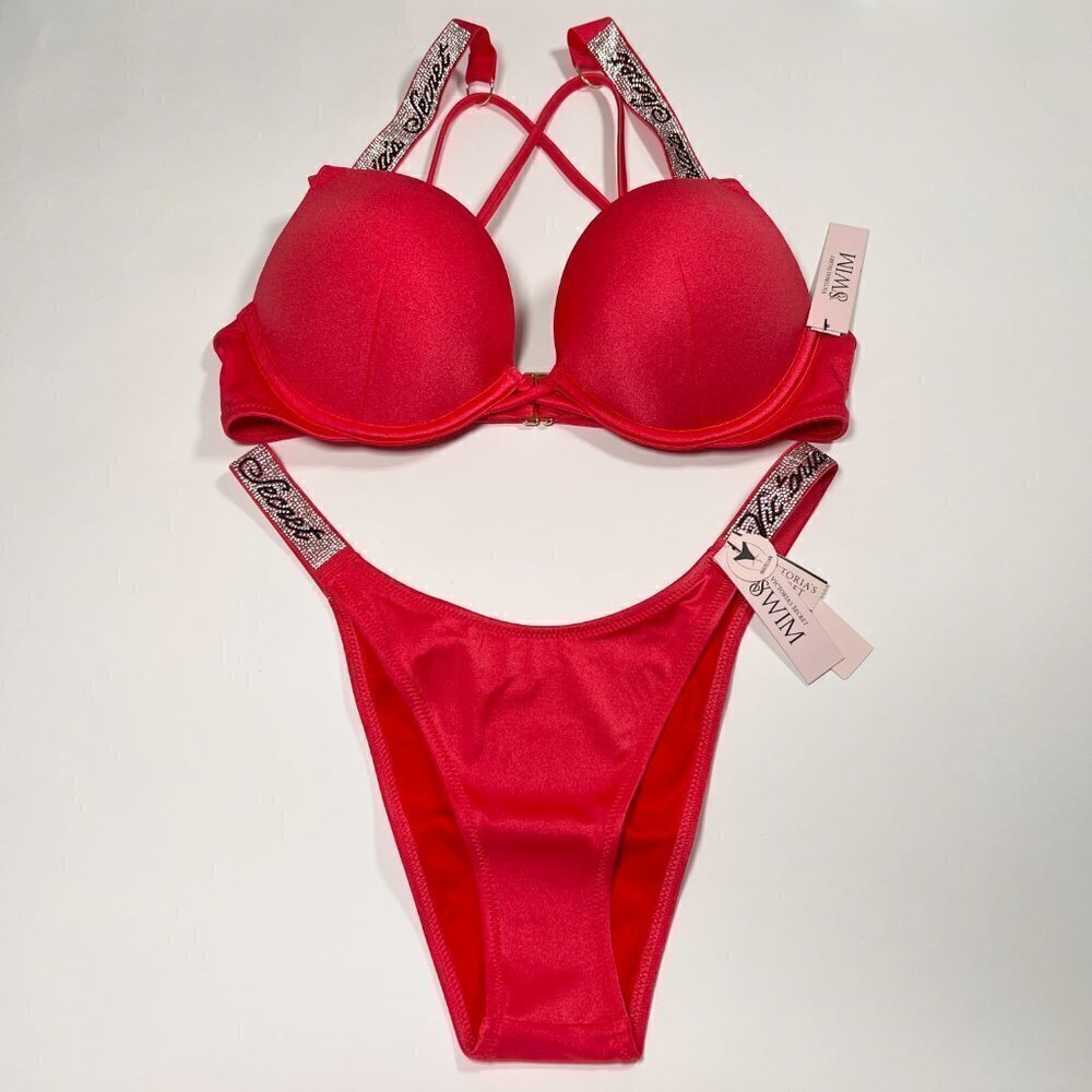 Victoria Secret 38D L Bombshell Push Up Top Bikini Set Logo Shine Strap Pink